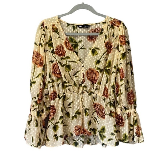 Zara Sheer Floral Ruffle Sleeve Swiss Dot Peasant Blouse Sz S Peplum - Picture 1 of 8